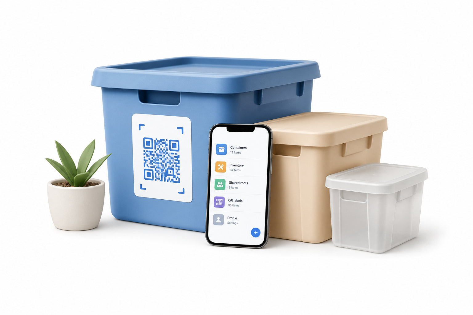 StoreMate illustration with storage bins, QR code, and a phone